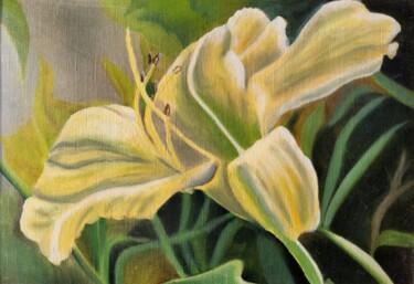 Painting titled "Yellow Lily Paintin…" by Anzhelika Izzi, Original Artwork, Oil Mounted on Wood Stretcher frame