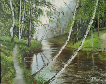 Painting titled "Birch Trees Paintin…" by Anzhelika Izzi, Original Artwork, Oil Mounted on Wood Stretcher frame