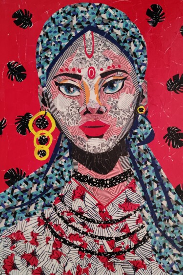 Colagens intitulada "Hindu" por Ana Almeida, Obras de arte originais, Colagens Montado em Armação em madeira
