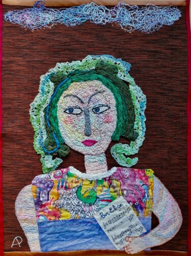 Textielkunst getiteld "Elisa" door Apignat, Origineel Kunstwerk, Borduurwerk Gemonteerd op Houten paneel