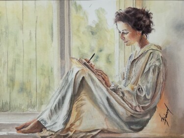 Painting titled "La lettre" by Joël Bérard, Original Artwork, Watercolor