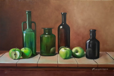 Painting titled "Still life apples a…" by Ara Gasparyan, Original Artwork, Oil Mounted on Wood Stretcher frame