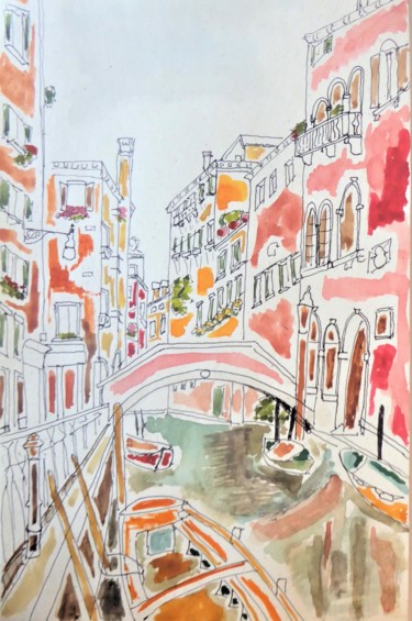 Pintura intitulada "Venise la rose" por Giulia Archer, Obras de arte originais, Aquarela