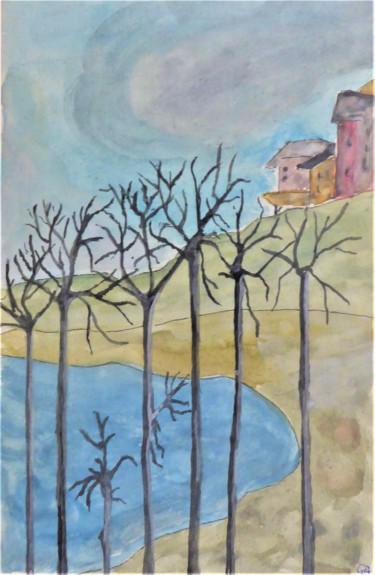 Ζωγραφική με τίτλο "arbres près de l'eau" από Giulia Archer, Αυθεντικά έργα τέχνης, Ακουαρέλα