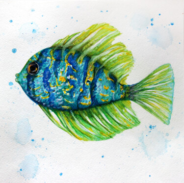 Malarstwo zatytułowany „Watercolor Blue Fish” autorstwa Arevik Avetisyan, Oryginalna praca, Akwarela