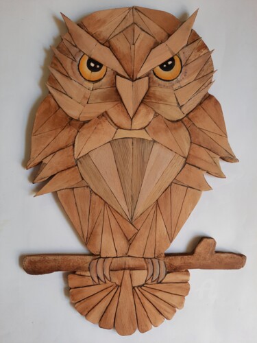 Collagen mit dem Titel "Hibou" von Marina Argentini, Original-Kunstwerk, Holz Auf Holzplatte montiert