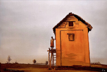 Pittura intitolato "Campagne malgache" da Ari Rakotondraibe, Opera d'arte originale, Acquarello