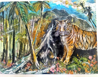 Schilderij getiteld ""Tropical Tiger"" door Aria Savage, Origineel Kunstwerk, Acryl