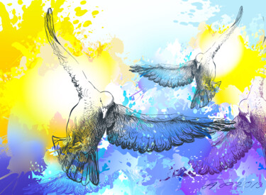 Artes digitais intitulada "Doves birds flying.…" por Arija Paikule, Obras de arte originais, Pintura digital