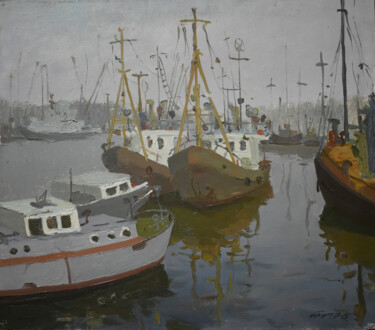 Картина под названием "Boats Ships at Fish…" - Arija Paikule, Подлинное произведение искусства, Масло Установлен на Деревянн…