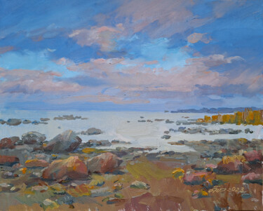 Malarstwo zatytułowany „Sunset beach” autorstwa Arija Paikule, Oryginalna praca, Olej Zamontowany na Drewniana rama noszy