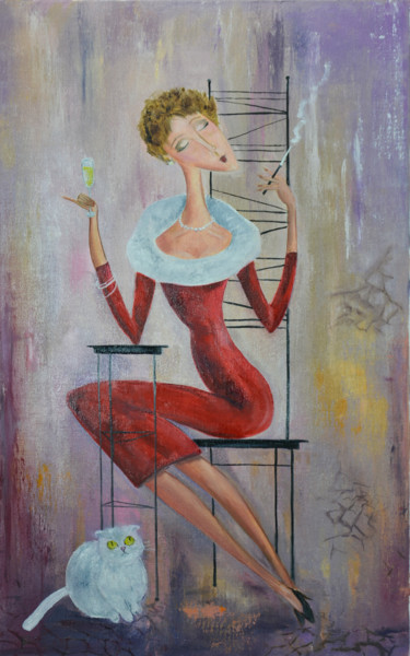 Malerei mit dem Titel "Dans le café" von Arina Tcherem, Original-Kunstwerk, Öl