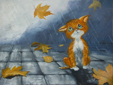 Peinture intitulée "Chaton sous la plui…" par Arina Tcherem, Œuvre d'art originale, Huile