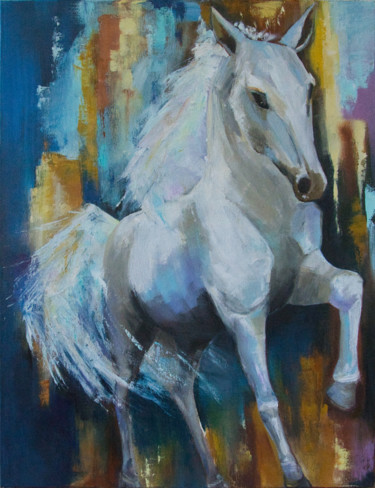 绘画 标题为“Le cheval blanc” 由Arina Tcherem, 原创艺术品, 油 安装在木质担架架上