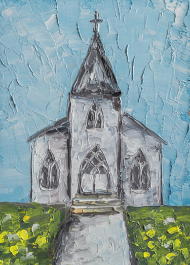 Painting titled "Country Church Litt…" by Arina Yastrebova, Original Artwork, Oil Mounted on Cardboard