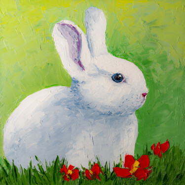Malarstwo zatytułowany „White March Bunny,…” autorstwa Arina Yastrebova, Oryginalna praca, Olej Zamontowany na Karton