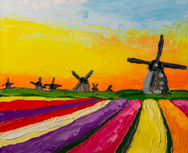 Картина под названием "Colorful Tulip Fiel…" - Arina Yastrebova, Подлинное произведение искусства, Масло Установлен на картон