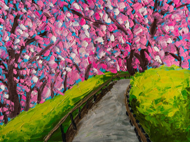 Schilderij getiteld "Cherry Trees Blosso…" door Arina Yastrebova, Origineel Kunstwerk, Olie