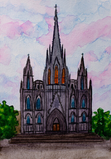 Malarstwo zatytułowany „Barcelona Cathedral…” autorstwa Arina Yastrebova, Oryginalna praca, Akwarela