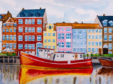 Painting titled "Copenhagen cityscap…" by Arina Yastrebova, Original Artwork, Watercolor