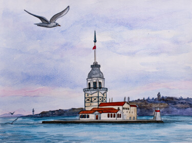 Картина под названием "Maiden's Tower, Ist…" - Arina Yastrebova, Подлинное произведение искусства, Акварель