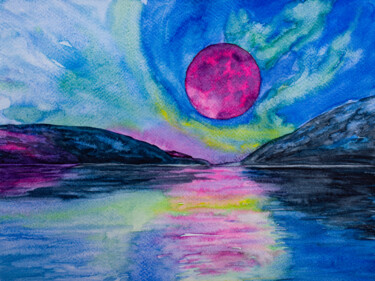 Painting titled "Pink Fairy Moon Nor…" by Arina Yastrebova, Original Artwork, Watercolor