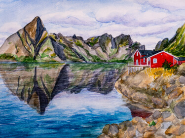 Painting titled "Fishing Village Lof…" by Arina Yastrebova, Original Artwork, Watercolor