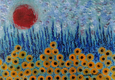 Painting titled "Field of flowers" by Aristides Meneses, Original Artwork, Oil Mounted on Wood Stretcher frame