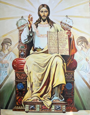 Pittura intitolato "Christ with angels" da Arman Khlghatyan, Opera d'arte originale, Olio Montato su Pannello di legno