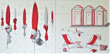 Painting titled "triptyque parasols…" by Armelle Cailly, Original Artwork, Acrylic Mounted on Wood Stretcher frame