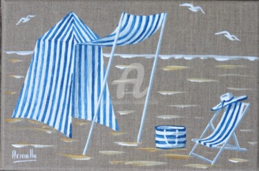 Pintura intitulada "tente et plage bleue" por Armelle Cailly, Obras de arte originais, Acrílico Montado em Armação em madeira