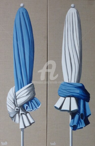 Schilderij getiteld "Parasols bleus 30x90" door Armelle Cailly, Origineel Kunstwerk, Acryl Gemonteerd op Frame voor houten b…
