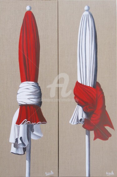 Pintura titulada "parasols rouges 40x…" por Armelle Cailly, Obra de arte original, Acrílico Montado en Bastidor de camilla d…