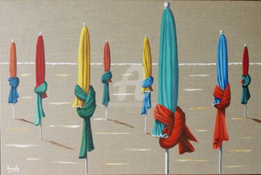 Painting titled "parasols à Deauvill…" by Armelle Cailly, Original Artwork, Acrylic Mounted on Wood Stretcher frame