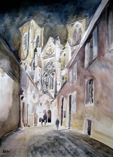Painting titled "Bourges." by Armelle Delaplace, Original Artwork, Watercolor Mounted on Cardboard