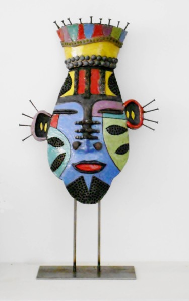 Sculpture titled "masque bleu" by Armelle Colombier, Original Artwork, Ceramics