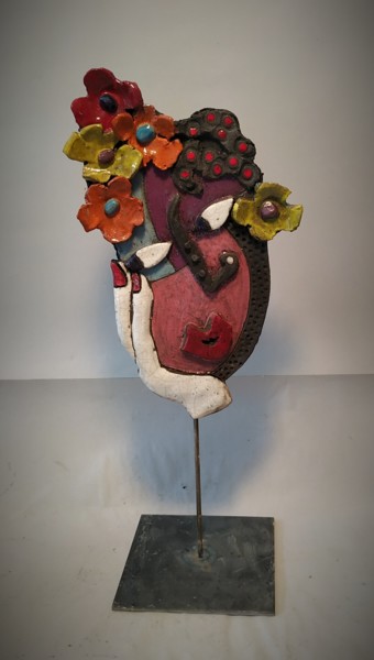 Rzeźba zatytułowany „Masque femme fleurs” autorstwa Armelle Colombier, Oryginalna praca, Ceramika