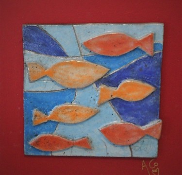 Escultura intitulada "tableau poisson abs…" por Armelle Colombier, Obras de arte originais, Cerâmica Montado em Painel de ma…