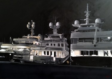 Картина под названием "Yachts à Imperia" - Arnaud Feuga, Подлинное произведение искусства, Масло Установлен на Деревянная ра…