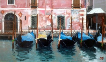 Pintura titulada "Gondoles sous la pl…" por Arnaud Feuga, Obra de arte original, Oleo