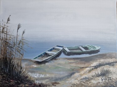 Malerei mit dem Titel "Boote im Nebel" von Arne Groh, Original-Kunstwerk, Öl Auf Keilrahmen aus Holz montiert
