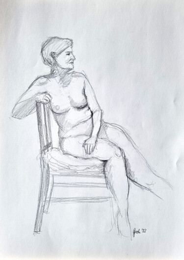 Zeichnungen mit dem Titel "Nackte auf dem Stuhl" von Arne Groh, Original-Kunstwerk, Bleistift