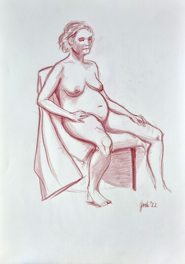 Drawing titled "Sitzende Nackte" by Arne Groh, Original Artwork, Pencil