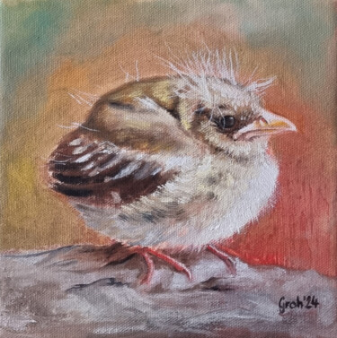 Painting titled "Fetter Spatz II" by Arne Groh, Original Artwork, Oil Mounted on Wood Stretcher frame