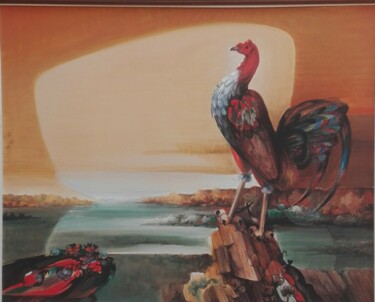 Painting titled "Amanecer gallero" by Arney Cardenas, Original Artwork, Oil Mounted on Wood Stretcher frame