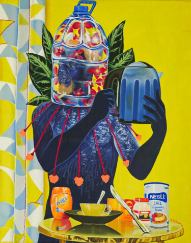 Картина под названием "Le petit déjeuner à…" - Arnold Forkam, Подлинное произведение искусства, Акрил Установлен на Деревянн…