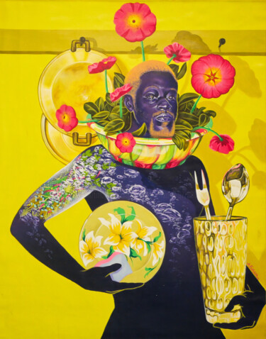 Schilderij getiteld "La cuisine à Makepe…" door Arnold Forkam, Origineel Kunstwerk, Acryl Gemonteerd op Frame voor houten br…