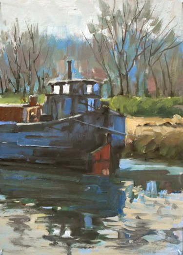 Schilderij getiteld "La péniche (huile s…" door Christian Arnould, Origineel Kunstwerk, Olie