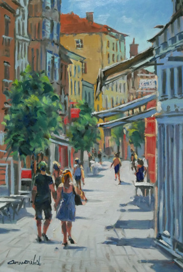 Peinture intitulée "Rue piétonne (huile…" par Christian Arnould, Œuvre d'art originale, Huile