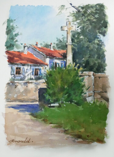 Painting titled "Calvaire à Pulligny…" by Christian Arnould, Original Artwork, Watercolor